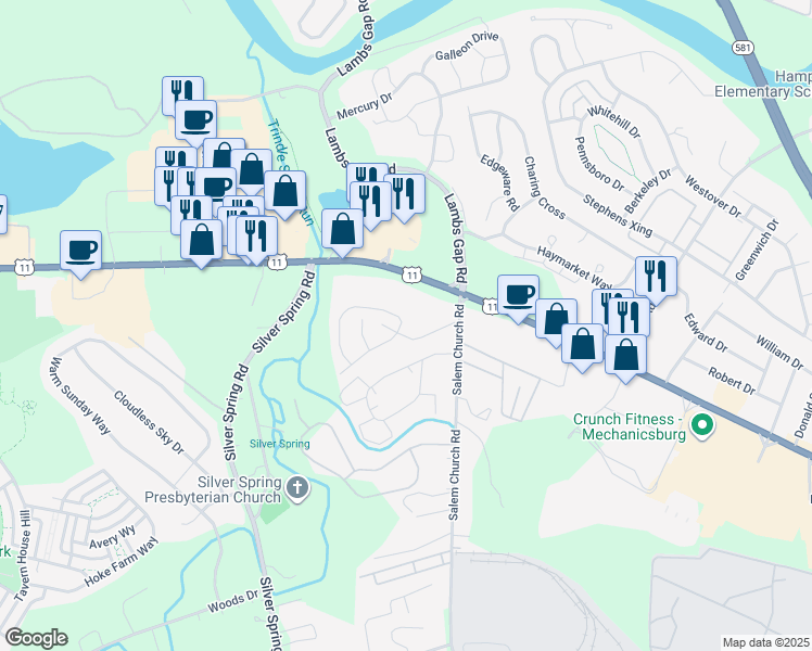 map of restaurants, bars, coffee shops, grocery stores, and more near 6474 Creekbend Drive in Cumberland County