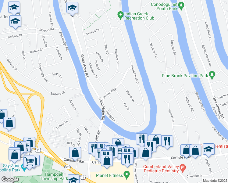 map of restaurants, bars, coffee shops, grocery stores, and more near 4920 Shasta Way in Mechanicsburg