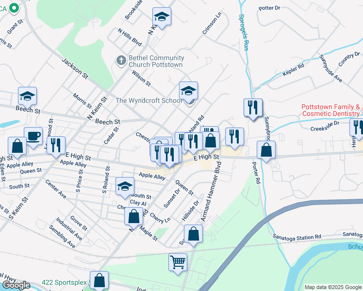 map of restaurants, bars, coffee shops, grocery stores, and more near 221 Highland Road in Pottstown