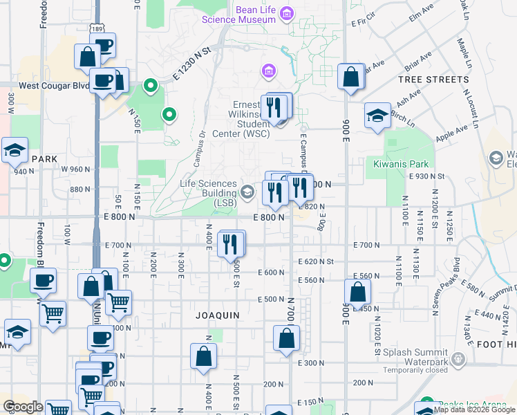 map of restaurants, bars, coffee shops, grocery stores, and more near 857 North 580 East Street in Provo