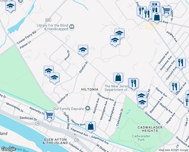 map of restaurants, bars, coffee shops, grocery stores, and more near 217 Cornwall Avenue in Trenton