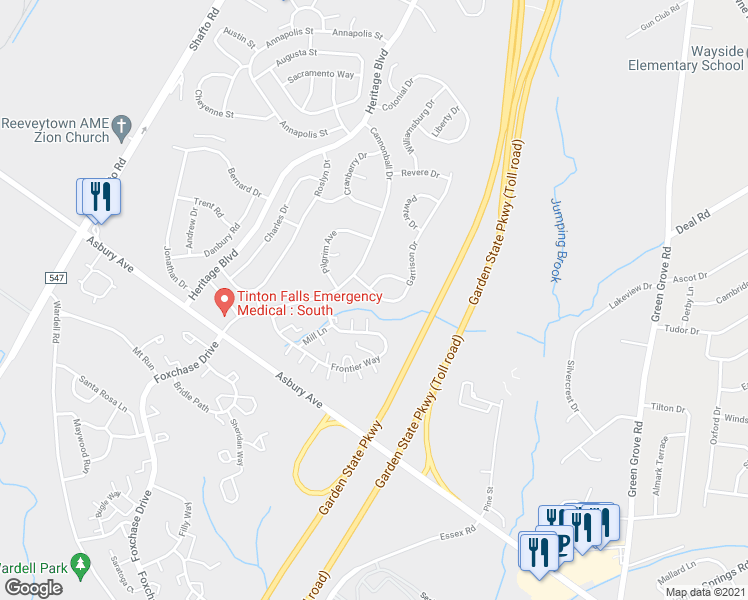 map of restaurants, bars, coffee shops, grocery stores, and more near 18 Garrison Drive in Tinton Falls