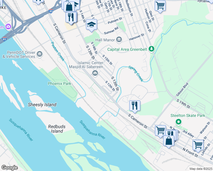 map of restaurants, bars, coffee shops, grocery stores, and more near 1505 Allison Street in Harrisburg