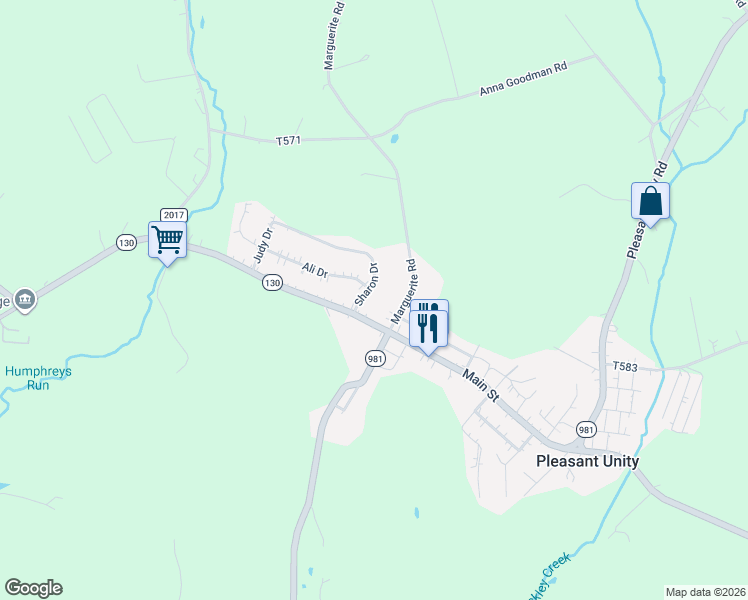 map of restaurants, bars, coffee shops, grocery stores, and more near 104 Sharon Drive in Pleasant Unity