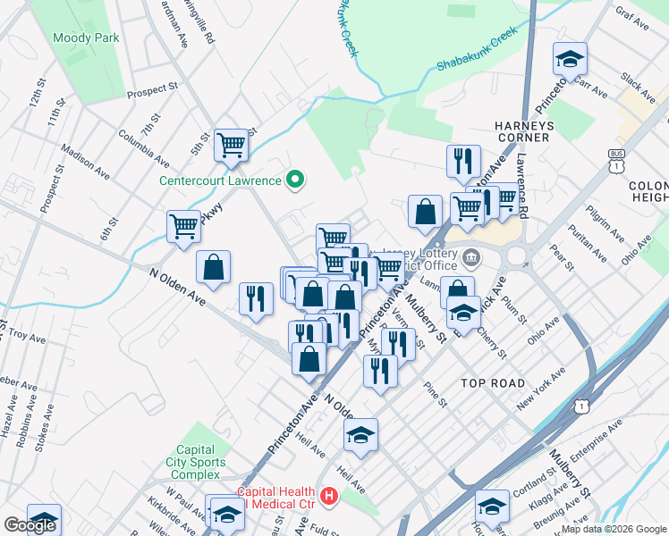 map of restaurants, bars, coffee shops, grocery stores, and more near 970 Spruce Street in Lawrence Township