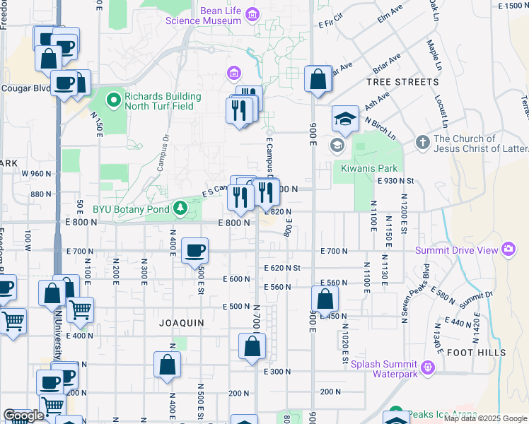 map of restaurants, bars, coffee shops, grocery stores, and more near 820 700 East in Provo