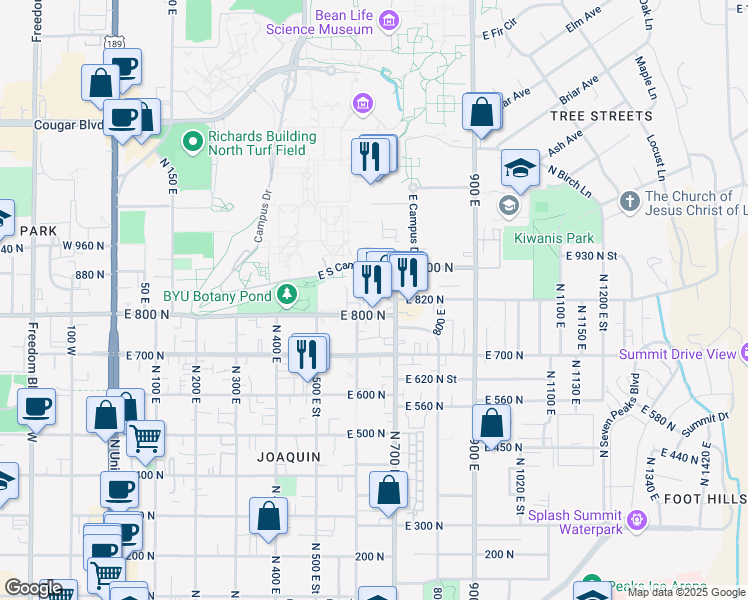 map of restaurants, bars, coffee shops, grocery stores, and more near 840 North 580 East Street in Provo