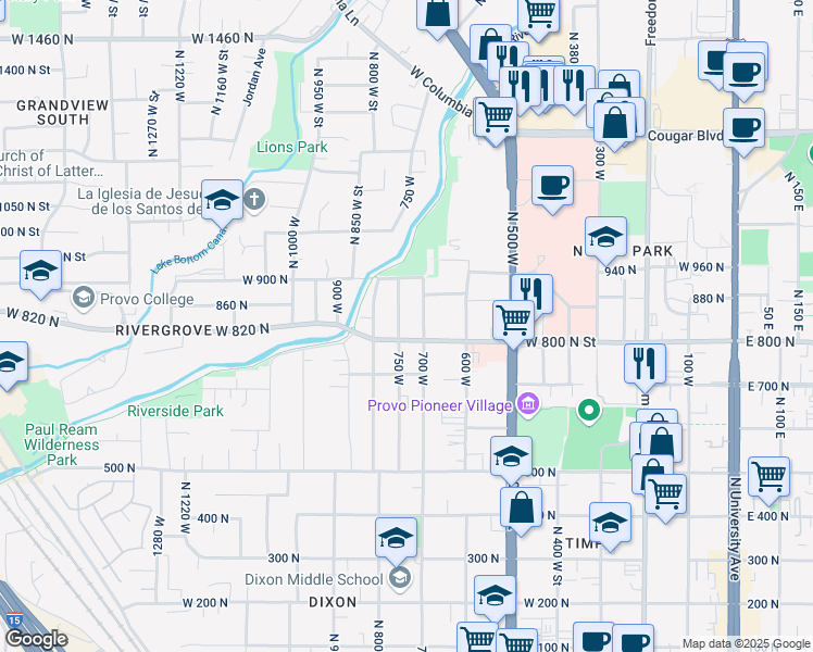 map of restaurants, bars, coffee shops, grocery stores, and more near 835 750 West in Provo
