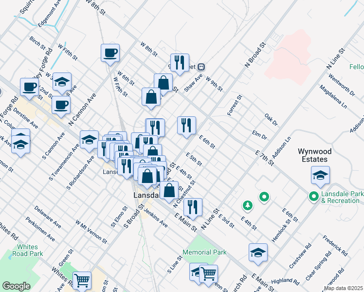map of restaurants, bars, coffee shops, grocery stores, and more near 516 North Broad Street in Lansdale