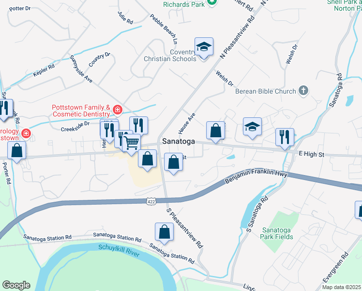 map of restaurants, bars, coffee shops, grocery stores, and more near in Sanatoga