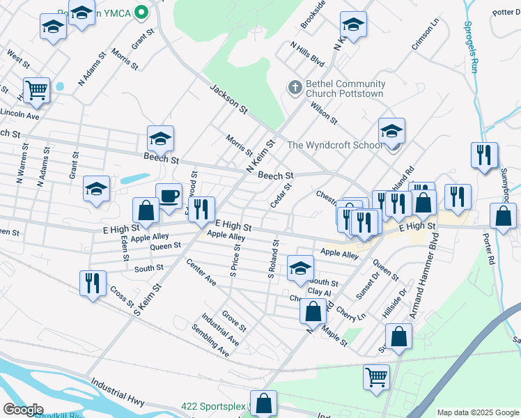 map of restaurants, bars, coffee shops, grocery stores, and more near 51 Cedar Street in Pottstown