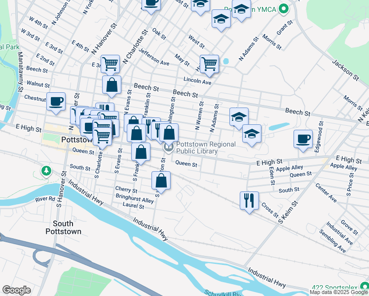 map of restaurants, bars, coffee shops, grocery stores, and more near 539 East High Street in Pottstown