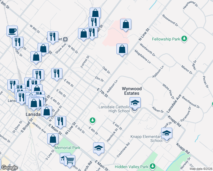 map of restaurants, bars, coffee shops, grocery stores, and more near 705 North Line Street in Lansdale