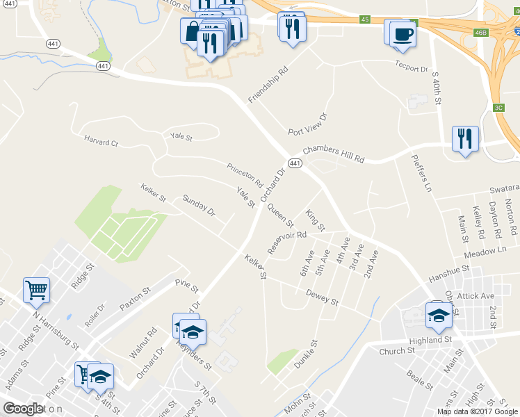 map of restaurants, bars, coffee shops, grocery stores, and more near 458 Yale Street in Harrisburg
