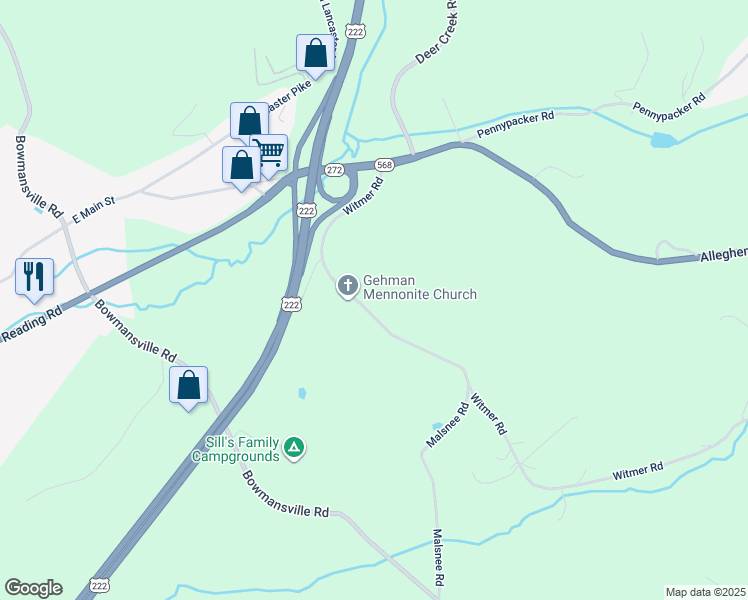 map of restaurants, bars, coffee shops, grocery stores, and more near 128 Witmer Road in Reinholds