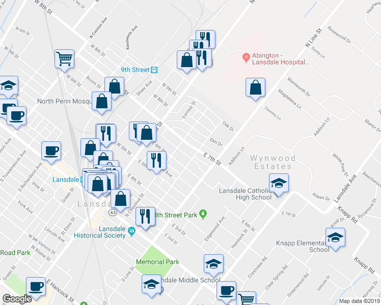 map of restaurants, bars, coffee shops, grocery stores, and more near 118 East 7th Street in Lansdale
