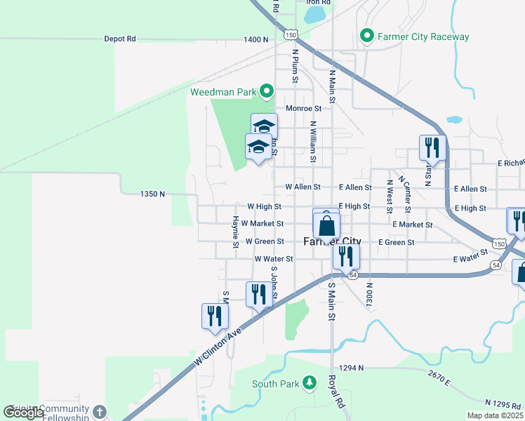 map of restaurants, bars, coffee shops, grocery stores, and more near 118 North Thomas Street in Farmer City