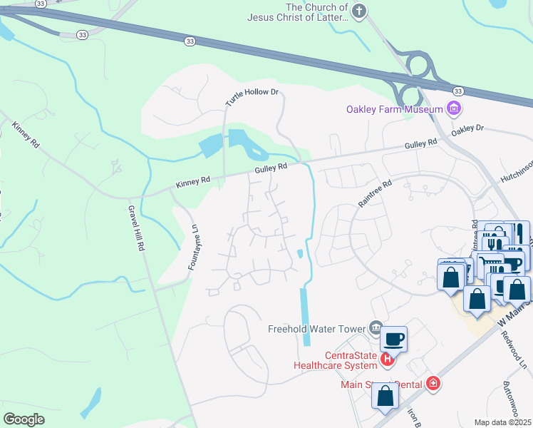 map of restaurants, bars, coffee shops, grocery stores, and more near 38 Worthington Court in Freehold