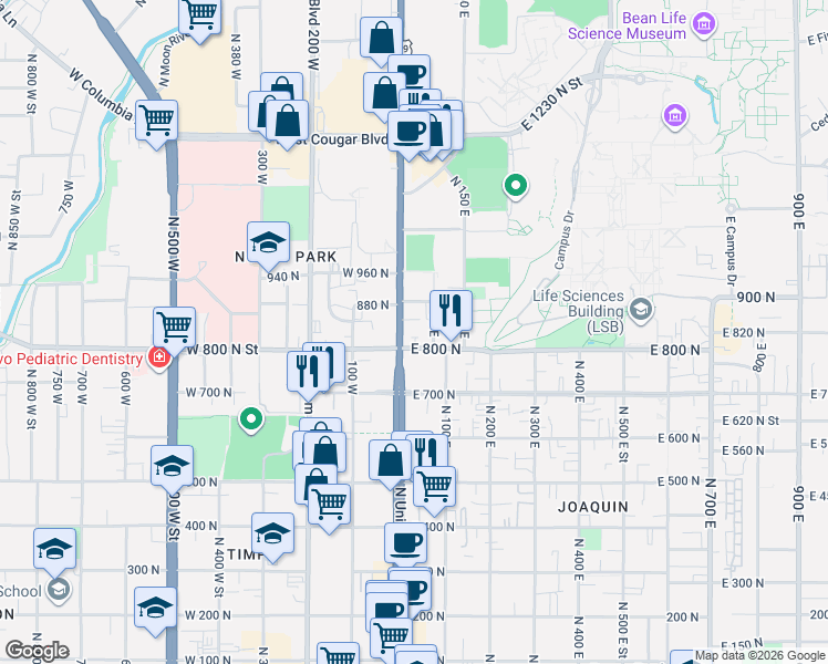 map of restaurants, bars, coffee shops, grocery stores, and more near 836 North University Avenue in Provo
