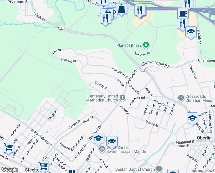 map of restaurants, bars, coffee shops, grocery stores, and more near 482 Sunday Drive in Harrisburg
