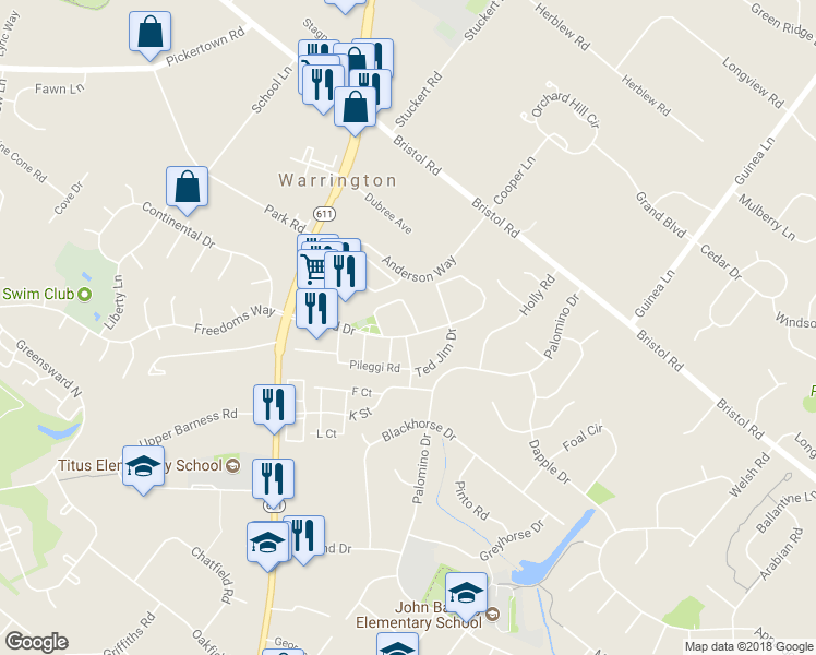 map of restaurants, bars, coffee shops, grocery stores, and more near 1220 Suzann Drive in Warrington
