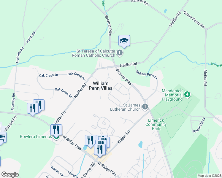 map of restaurants, bars, coffee shops, grocery stores, and more near 78 Presidential Drive in Royersford