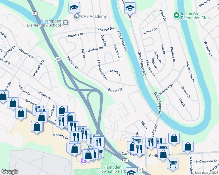 map of restaurants, bars, coffee shops, grocery stores, and more near Barbara Drive in Mechanicsburg