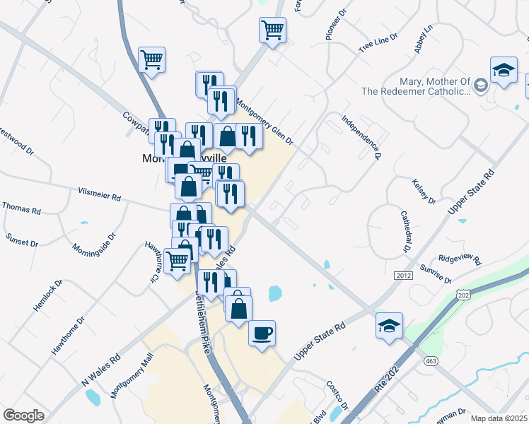 map of restaurants, bars, coffee shops, grocery stores, and more near 203 McKean Court in North Wales