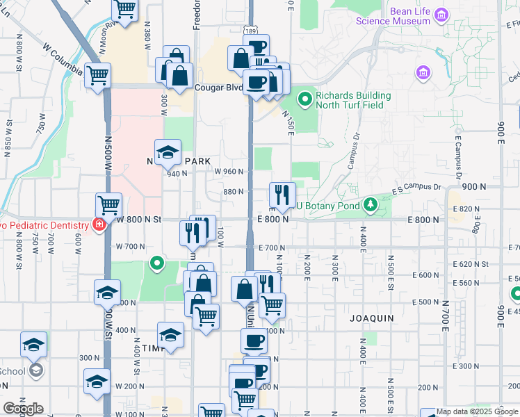 map of restaurants, bars, coffee shops, grocery stores, and more near 836 North University Avenue in Provo