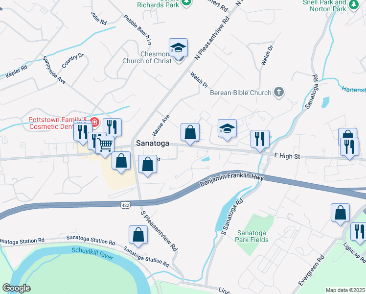 map of restaurants, bars, coffee shops, grocery stores, and more near 2376 East High Street in Pottstown