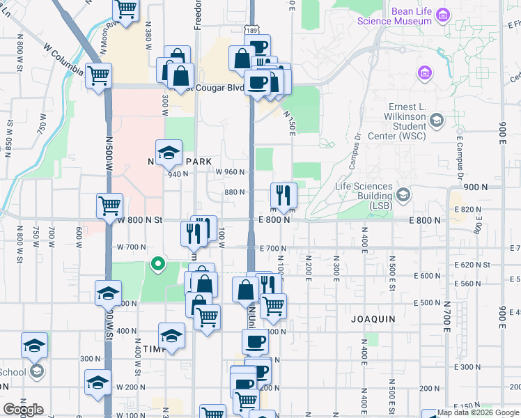map of restaurants, bars, coffee shops, grocery stores, and more near 850 U.S. 189 in Provo