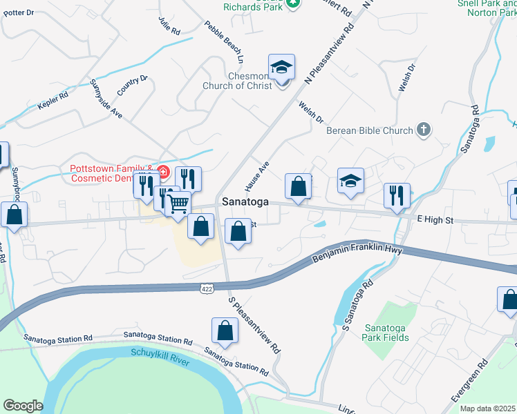 map of restaurants, bars, coffee shops, grocery stores, and more near 2330 East High Street in Pottstown