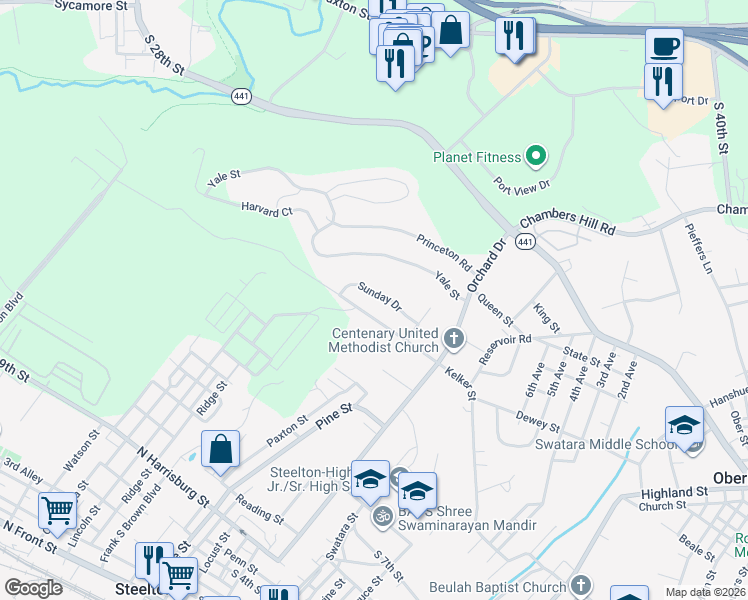 map of restaurants, bars, coffee shops, grocery stores, and more near 511 Sunday Drive in Harrisburg