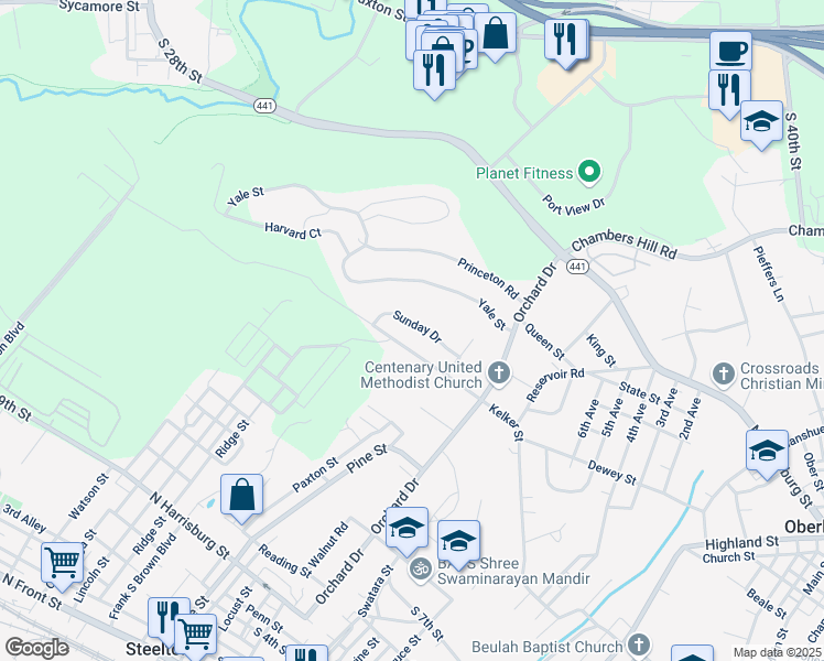 map of restaurants, bars, coffee shops, grocery stores, and more near 509 Sunday Drive in Harrisburg