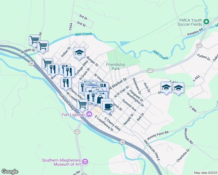 map of restaurants, bars, coffee shops, grocery stores, and more near 231 North Market Street in Ligonier