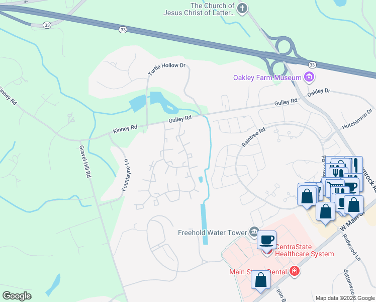 map of restaurants, bars, coffee shops, grocery stores, and more near 38 Worthington Court in Freehold
