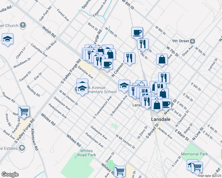 map of restaurants, bars, coffee shops, grocery stores, and more near 611 Derstine Avenue in Lansdale