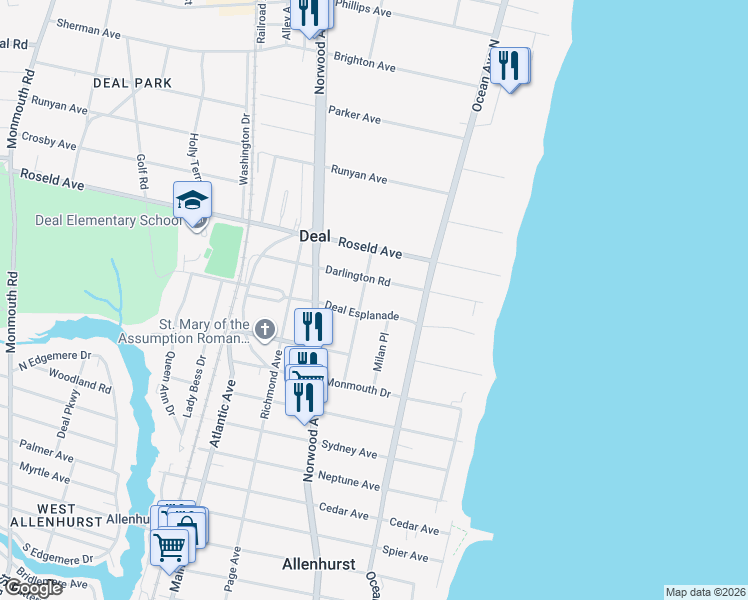 map of restaurants, bars, coffee shops, grocery stores, and more near 59 Deal Esplanade in Deal