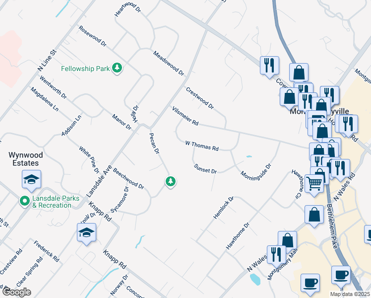 map of restaurants, bars, coffee shops, grocery stores, and more near 1112 W Thomas Rd in Lansdale