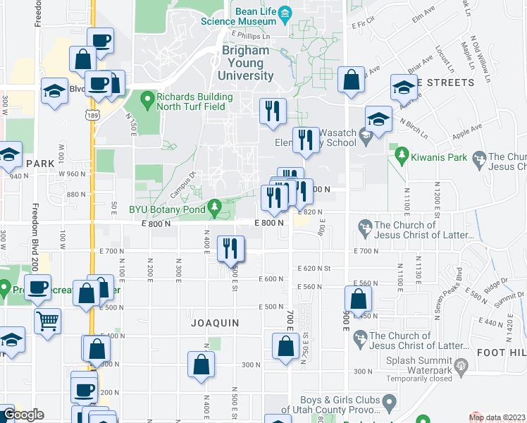 map of restaurants, bars, coffee shops, grocery stores, and more near 840 North 580 East Street in Provo