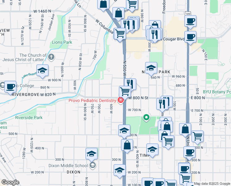 map of restaurants, bars, coffee shops, grocery stores, and more near 556 West 800 North Street in Provo