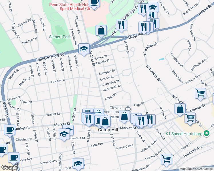 map of restaurants, bars, coffee shops, grocery stores, and more near 2025 Clarendon Street in Camp Hill