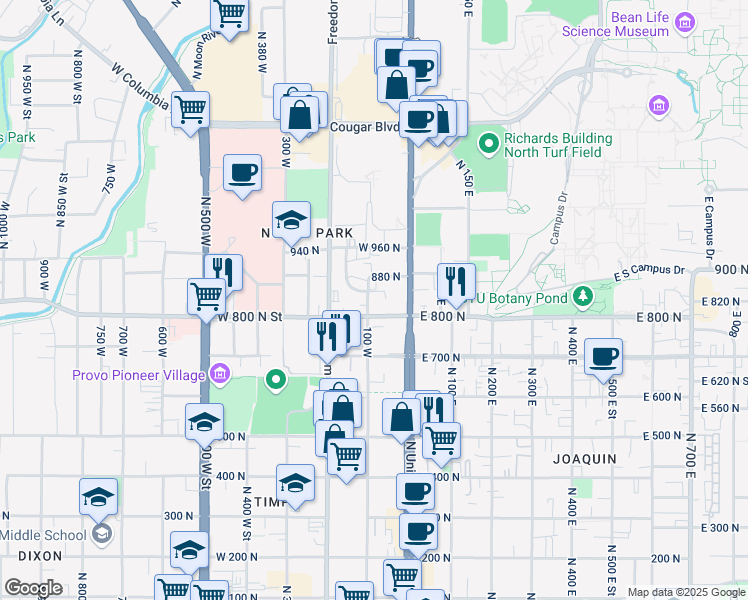 map of restaurants, bars, coffee shops, grocery stores, and more near 830 100 West in Provo