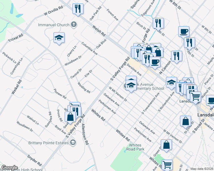 map of restaurants, bars, coffee shops, grocery stores, and more near S Valley Forge Rd & W Mt Vernon St in Lansdale