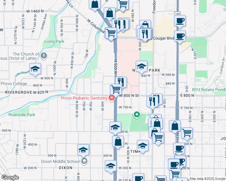 map of restaurants, bars, coffee shops, grocery stores, and more near 556 West 800 North Street in Provo