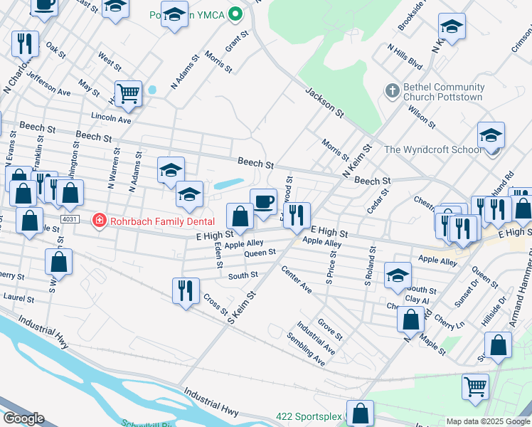 map of restaurants, bars, coffee shops, grocery stores, and more near 936 Chestnut St in Pottstown