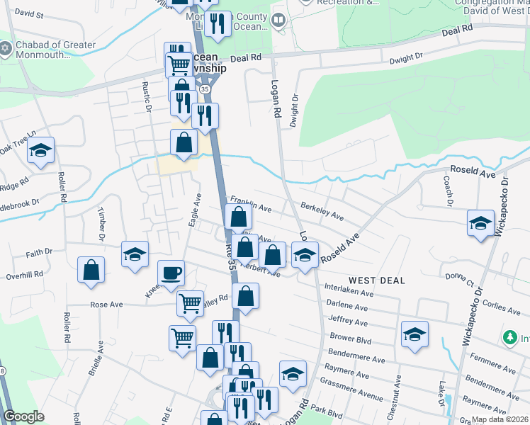 map of restaurants, bars, coffee shops, grocery stores, and more near 1308 Franklin Avenue in Wanamassa
