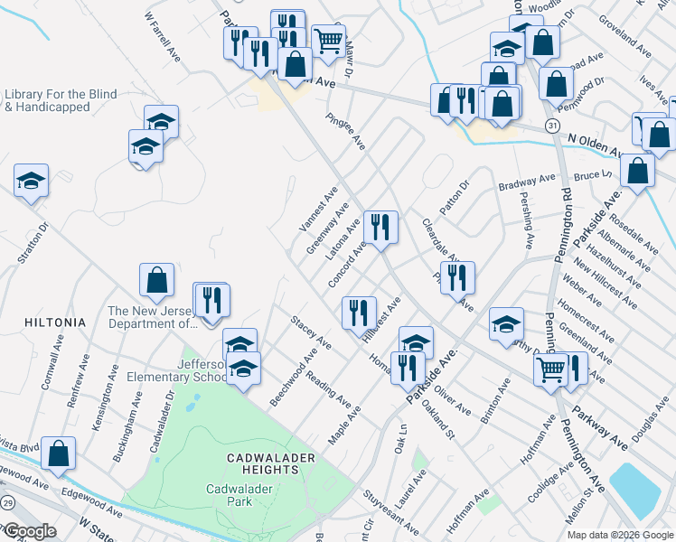 map of restaurants, bars, coffee shops, grocery stores, and more near 342 Concord Avenue in Ewing Township