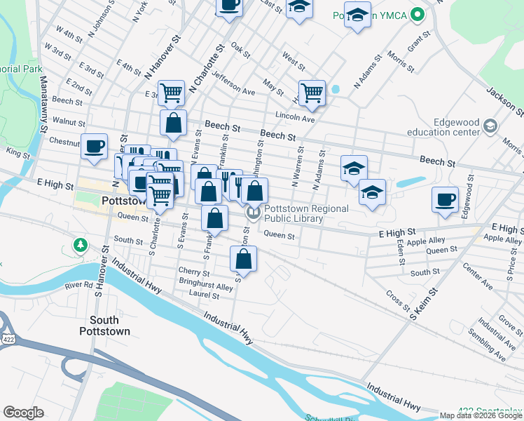 map of restaurants, bars, coffee shops, grocery stores, and more near 501 East High Street in Pottstown