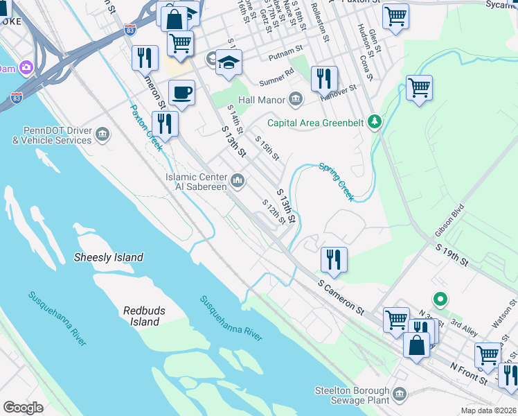 map of restaurants, bars, coffee shops, grocery stores, and more near 1457 Pennsylvania 230 in Harrisburg